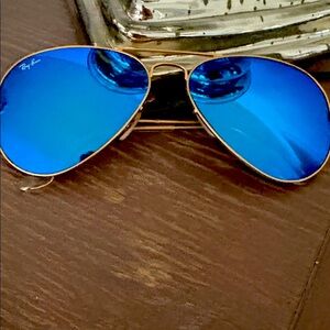 Ray-Ban Gold Frame Sunglasses with Reflective Blue Lenses